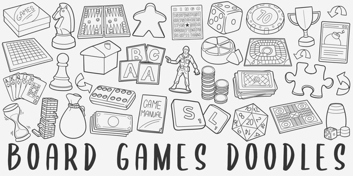 Board Games Doodle Icons. Hand Made Line Art. Recreation Clipart Logotype Symbol Design.