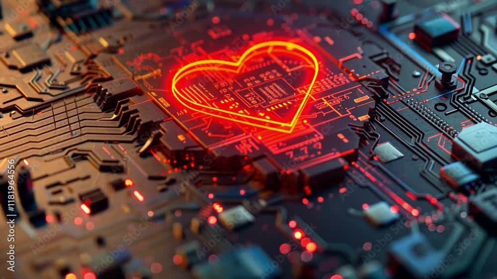 Poster A striking heart design glows in red against a complex circuit board background filled with intricate connections and modern technology. The visual conveys a blend of emotion and innovation.