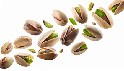 tasty pistachio nuts falling on white background