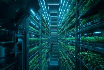 An expansive vertical farming setup indoors featuring layers of lush green plants illuminated by blue grow lights, showcasing sustainable agricultural innovation.