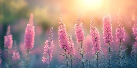 Obraz premium Pink flowers blooming in sunset light.