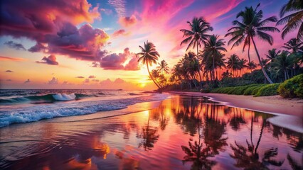 Pink Sand Beach Double Exposure: Tropical Paradise Surrealism