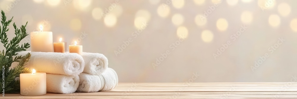 Poster Soft, fluffy towels rolled and stacked on a wooden surface, surrounded by burning candles, create a tranquil spa ambiance with a warm bokeh background