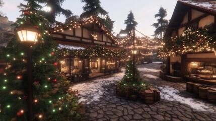 Fototapeta premium Festive Winter Village Square Christmas Market Scene