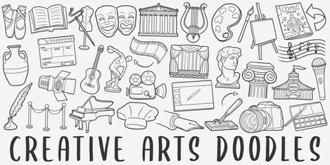 Arts Doodle Icons. Hand Made Line Art. Artist Clipart Logotype Symbol Design.