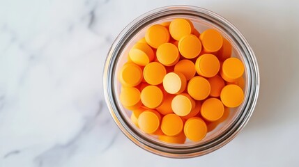Vibrant Orange Pills in Glass Jar on Marble Surface