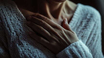 Person clutching chest in pain, a poignant moment of vulnerability and struggle, capturing the universal human experience of physical and emotional distress.