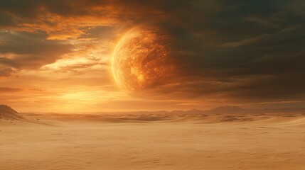 Obraz premium Fiery Planet Over Desolate Orange Desert Landscape