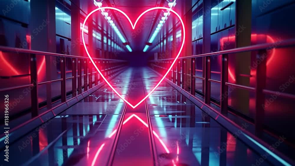 Poster a striking neon heart illuminates a sleek corridor, creating a captivating atmosphere. the glossy fl