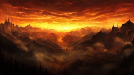 Naklejka premium Fiery Sunset Over Misty Mountain Kingdoms Bridge