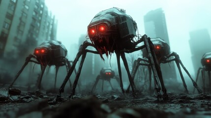 A group of dark, menacing robotic creatures with glowing red eyes, set against a backdrop of eerie urban decay, reflecting themes of technology's impact on society and survival.