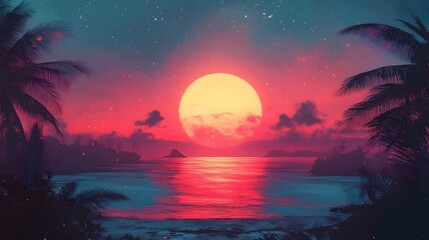 Stunning tranquil tropical sunset over a serene ocean beach with vibrant colorful gradients warm soft textures and a retro cinematic glow creating a dreamy peaceful and romantic atmosphere