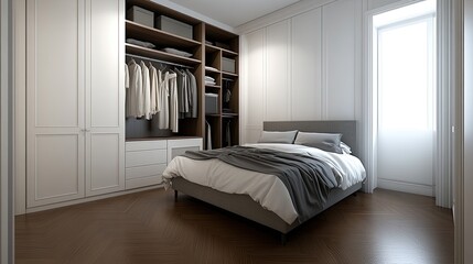 Stylish white bedroom showcases a double bed, built-in wardrobe, and wooden flooring in a tranquil minimalist decor