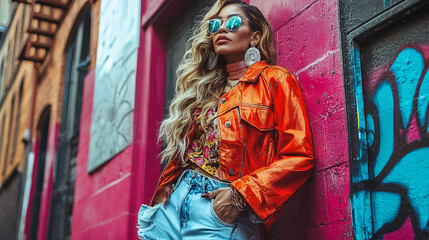 Naklejka premium Trendy Urban Fashion with Vibrant Colorful Outfit and Accessories