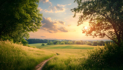 Serene Sunset Landscape With Grassy Path And Trees