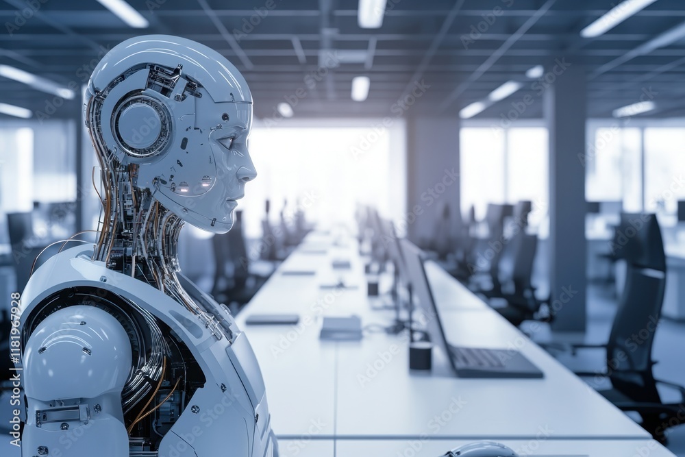 Poster robot standing in a modern office with multiple computer desks and soft lighting