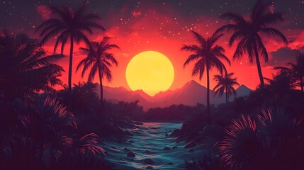 Captivating tropical sunset landscape with glowing palm trees silhouetted against a vibrant dreamlike sky and tranquil ocean horizon  Warm retro inspired colors and a soft