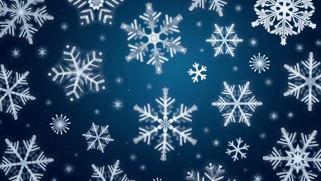 A seamless snowflake pattern with intricate designs and frosty textures. Symmetrical flakes vary in size over a gradient winter sky background, exuding a serene and magical icy charm.