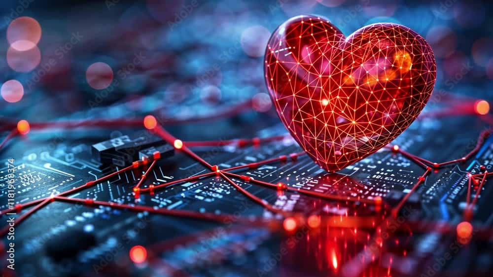 Aufkleber A glowing heart made of interconnected lines rests on a dark circuit board. The scene illustrates the blend of technology and human emotion, symbolizing innovation and connection in a digital age.