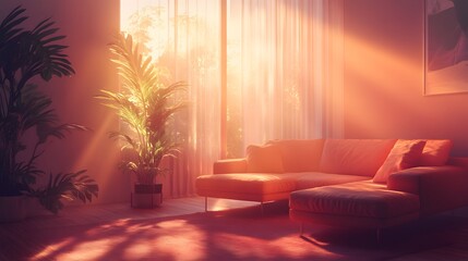 Cozy hazy retro cinematic glow with gradients and subtle tones creating a peaceful inviting atmosphere in a stylish indoor living space