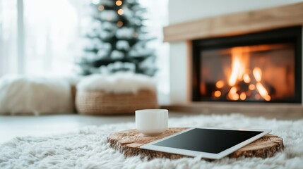 A cozy living space featuring a warm fireplace, a cup beside a tablet, and a beautifully decorated Christmas tree, perfect for capturing the essence of winter comfort and relaxation.