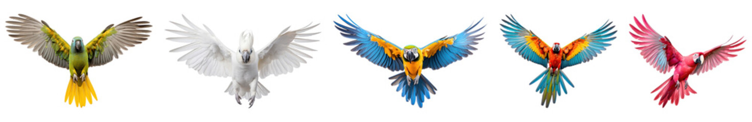 Fototapeta premium PNG Colorful parrots in flight, isolated element set, transparent background