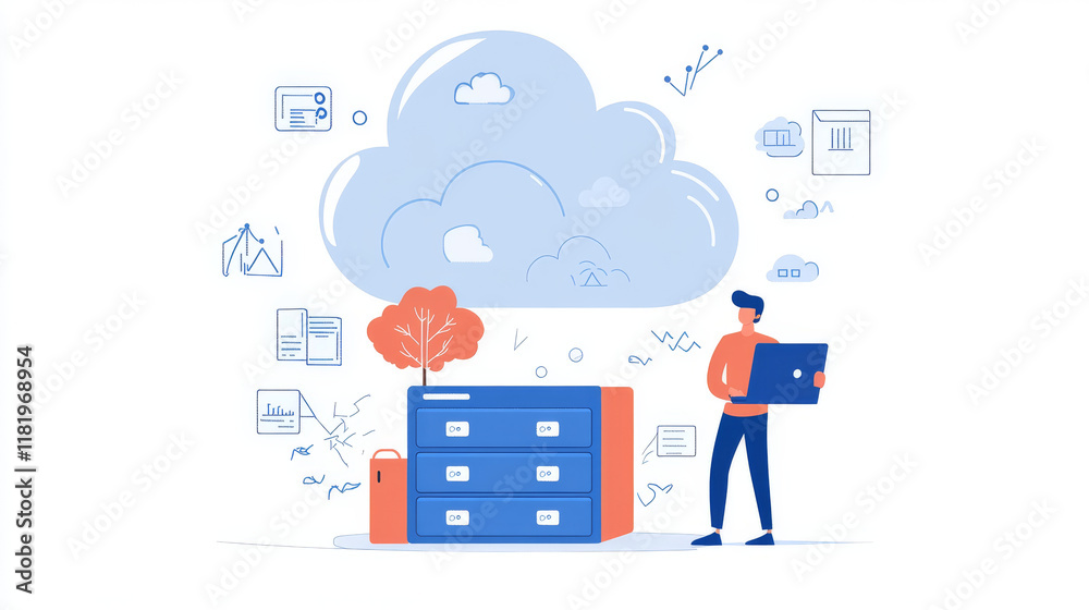Poster data center outline icon with computer servers rack. cloud storage, datacenter technology and inform