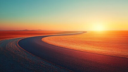 From a high-angle view on a sunny day, airport track stretches out like a ribbon into vanishing point against backdrop of a clear blue sky, with morning sun casting a golden glow on tarmac, hd image