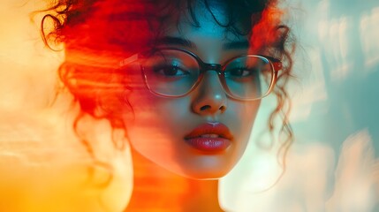 Obraz premium portrait of a woman with curly hair and glasses featuring an analog glitch effect that softly blends hazy gradients with colorful dynamic patterns for a surreal futuristic aesthetic