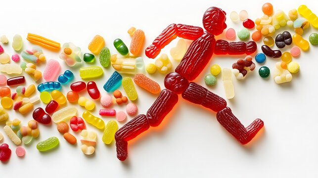 A gummy candy figure running through a trail of assorted sweets
