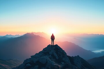 Mountain summit sunrise with individual gazing at vibrant horizon, symbolizing hope and new beginnings for adventurers and outdoor enthusiasts seeking inspiration