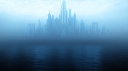 Fototapeta premium Foggy Cityscape Skyline Over Calm Ocean Waters