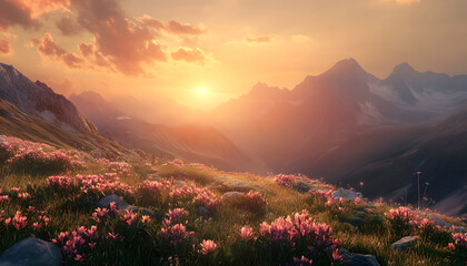 Mountain Sunset Landscape With Blooming Flowers