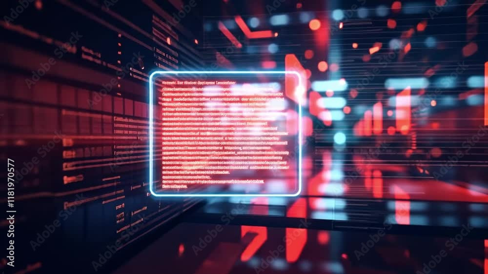 Poster Vibrant colors and glowing shapes illustrate a complex digital environment filled with data streams and information grids. A sense of advanced technology and innovation permeates the composition.