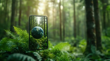 This artwork portrays a smartphone displaying the Earth, engulfed by lush greenery, symbolizing the symbiotic relationship between emerging technology and our planet's health.