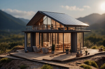 Obraz premium Model of a house with solar panels on the roof