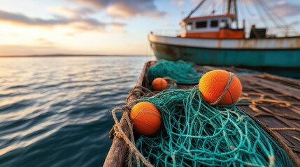 A tranquil scene at sunset shows a fishing boat docked with fishing nets adorned with basketballs, creating a unique juxtaposition of sport and nature by the water.