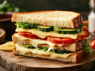 Gourmet layered sandwich with melted cheese rustic kitchen food photography warm atmosphere closeup view culinary delight