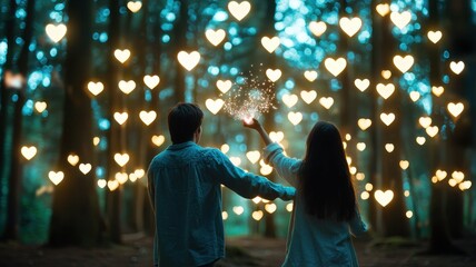 Fototapeta premium A couple enjoying a holographic fireworks display in a secluded forest, glowing heart-shaped patterns forming in the sky, fantasy, vibrant, dynamic.