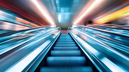 Blurred background of a metro escalator with light blue tones, indicating movement in city infrastructure