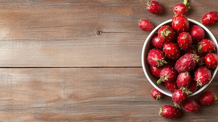 An assortment of red cactus fruits spilling from a bowl onto a rustic wooden surface, highlighting their unique texture and vibrant colors for an appealing visual.
