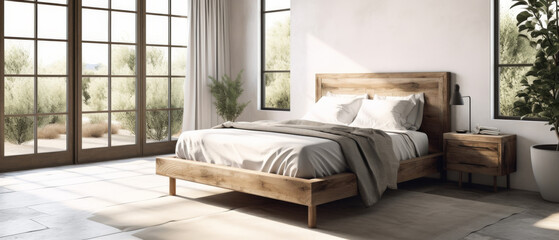 Obraz premium style bedroom featuring a natural wood bed frame, soft gray bedding, and minimalist dor. 