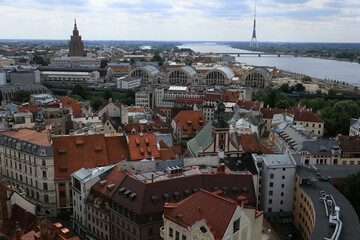 Obraz premium Panoramic view of the city center of Riga (Latvia) with the buildings of the Central Market, the Latvian Academy of Sciences and the TV tower