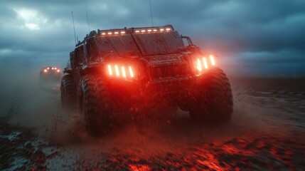 A heavy-duty vehicle charges through a muddy landscape, its bright lights cutting through the gloom, illustrating strength, resilience, and the challenge of exploration.