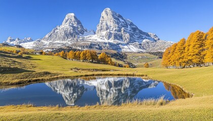Autumnal alpine lake reflecting snow-capped peaks