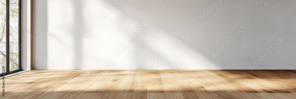 Aufkleber Sunlight is streaming through a large window, casting shadows across a polished wooden floor and illuminating a clean white wall in a spacious, empty room, creating a serene and inviting atmosphere
