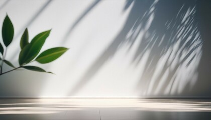 minimalistic light background with blurred foliage shadow on a white wall beautiful background for presentation with with smooth floor