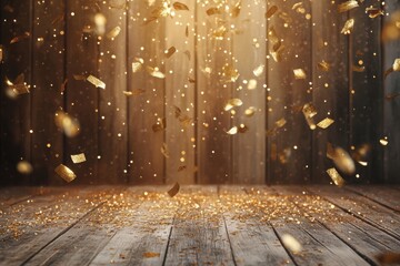 Charming rustic wood anniversary celebration featuring golden accents, sparkling confetti, and soft illumination for a joyful ambiance