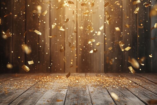 Charming rustic wood anniversary celebration featuring golden accents, sparkling confetti, and soft illumination for a joyful ambiance
