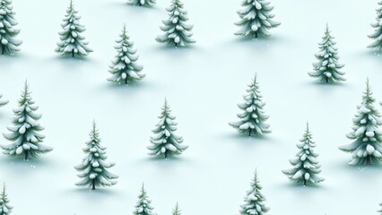 A seamless pattern of snowy pine trees on an icy blue background. Detailed branches dusted with snow evoke the serenity of a winter forest, perfect for seasonal designs and decor.